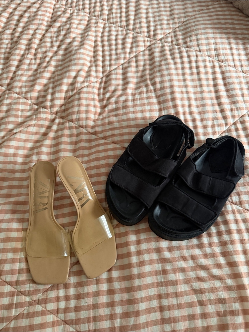 Zara Beige Clear Strap Slide Sandals & Black Velcro Sport Sandals